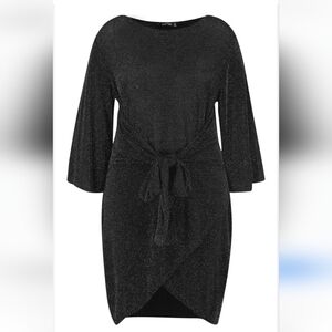 Boohoo kimono sleeve tie waist wrap golden shimmer black midi dress